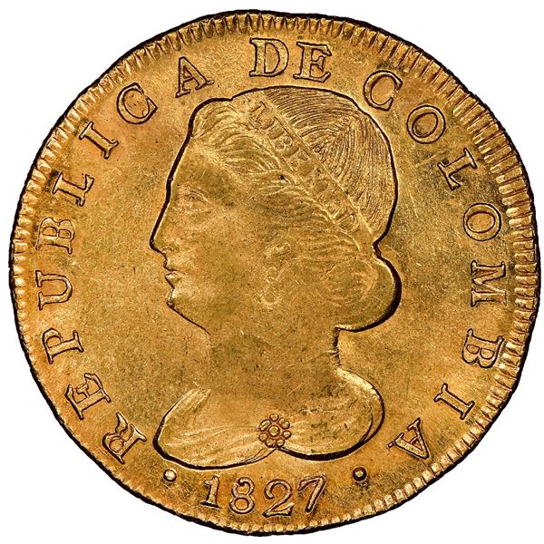 Popayan, Colombia, gold 8 escudos, 1827FM, NGC MS 62 ("top pop"), ex-Eldorado (stated on label).