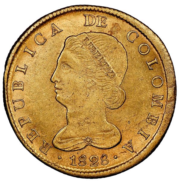 Bogota, Colombia, gold 8 escudos, 1828RR, NGC AU 58, finest known in NGC census.