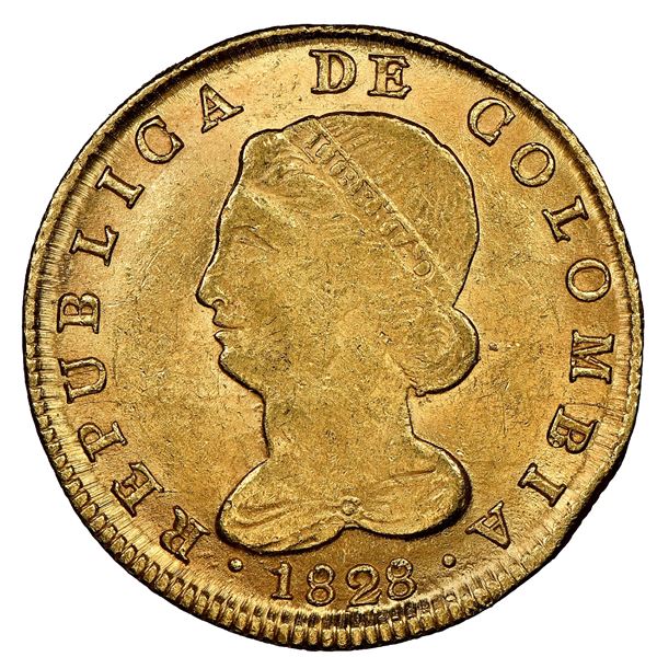 Bogota, Colombia, gold 8 escudos, 1828RS, NGC MS 62, finest known in NGC census.