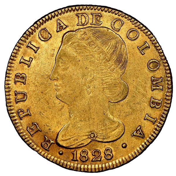 Popayan, Colombia, gold 8 escudos, 1828FM, NGC AU 55.