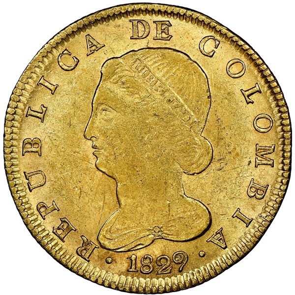 Bogota, Colombia, gold 8 escudos, 1829RS, NGC MS 62, finest known in NGC census.