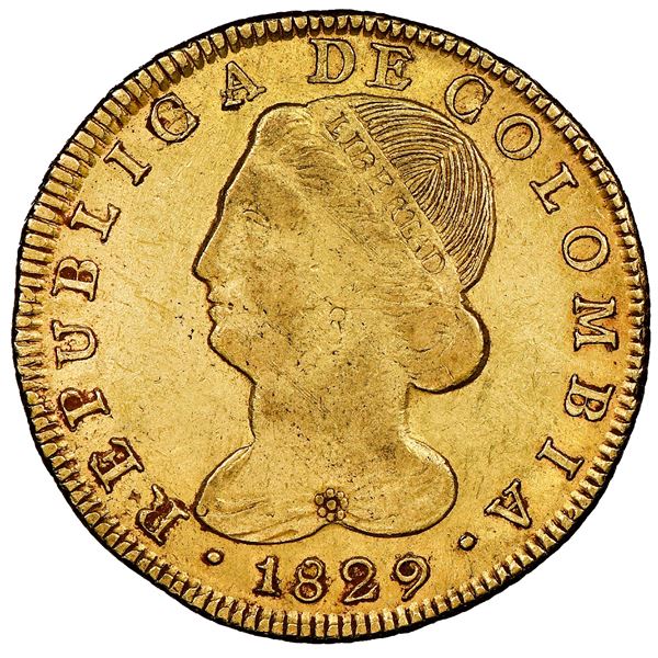 Popayan, Colombia, gold 8 escudos, 1829FM, NGC XF details / surface hairlines.