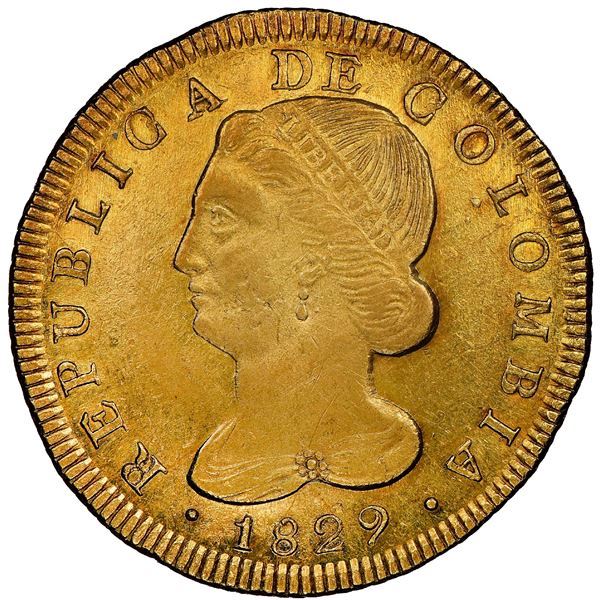 Popayan, Colombia, gold 8 escudos, 1829UR, NGC MS 62, finest known in NGC census, ex-Eldorado (state