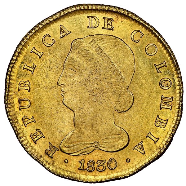 Bogota, Colombia, gold 8 escudos, 1830RS, NGC MS 62.