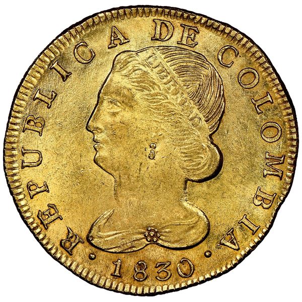 Popayan, Colombia, gold 8 escudos, 1830UR, NGC MS 64, finest known, ex-Eliasberg (stated on label).