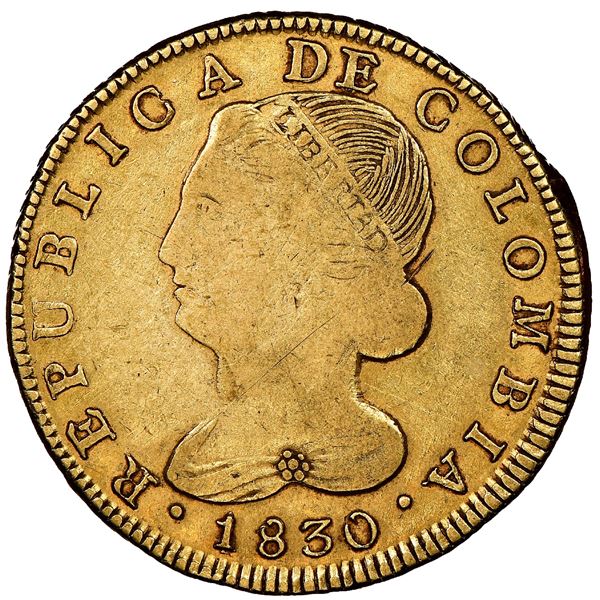 Popayan, Colombia, gold 8 escudos, 1830FM, rare, NGC VF 25 ("top pop").