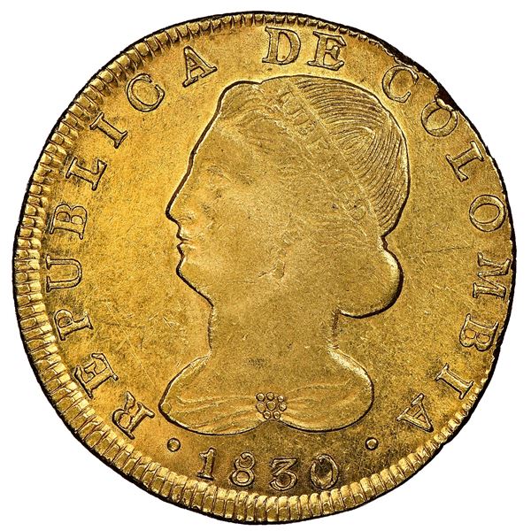 Popayan, Colombia, gold 8 escudos, 1830FW (inverted M), rare, NGC AU 58, finest known, ex-Eldorado (