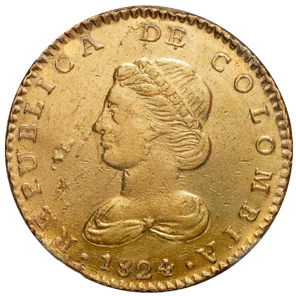 Bogota, Colombia, gold 2 escudos, 1824JF, rare, NGC XF 45 / SS New York (1846).