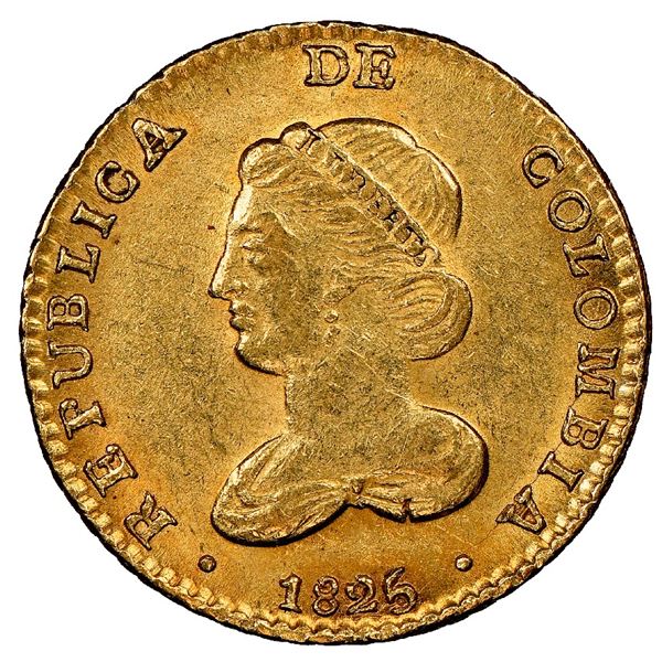 Bogota, Colombia, gold 2 escudos, 1825JF, rare, NGC MS 62, finest known in NGC census.