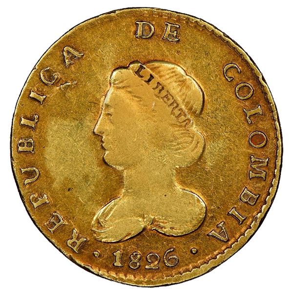 Bogota, Colombia, gold 2 escudos, 1826JF, extremely rare, NGC XF details / rev scratched, finest and