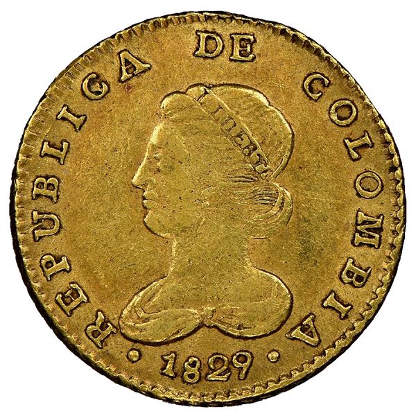 Bogota, Colombia, gold 2 escudos, 1829RS, rare, NGC AU 50, finest known, ex-Eldorado.