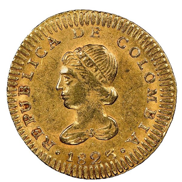 Bogota, Colombia, gold 1 escudo, 1823JF, NGC AU 58.