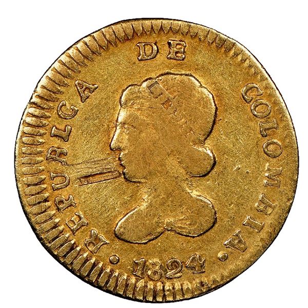 Bogota, Colombia, gold 1 escudo, 1824JF, unique (unlisted), NGC VF details / damaged.