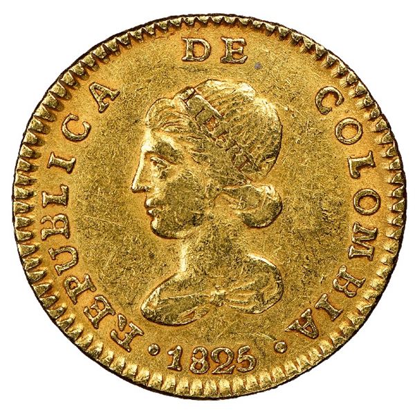 Bogota, Colombia, gold 1 escudo, 1825JF, NGC AU 53.