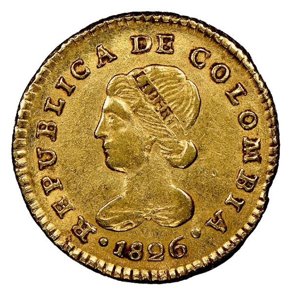 Popayan, Colombia, gold 1 escudo, 1826FM, NGC AU 55.