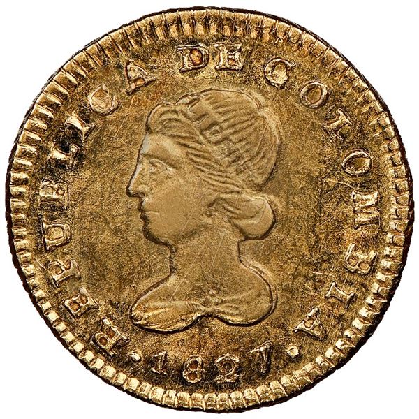 Popayan, Colombia, gold 1 escudo, 1827FM, NGC MS 61, finest known in NGC census.