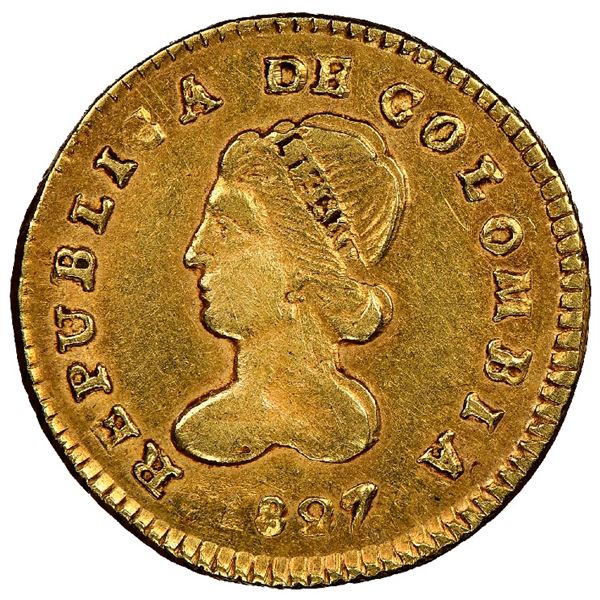 Popayan, Colombia, gold 1 escudo, 1827RU/FM, rare, NGC AU 58, finest and only example in NGC census,