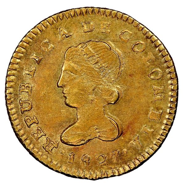 Popayan, Colombia, gold 1 escudo, 1827RU, NGC MS 61, finest known in NGC census, ex-Norweb (stated o