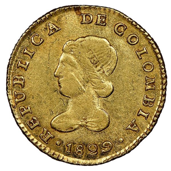 Popayan, Colombia, gold 1 escudo, 1829RU, NGC AU 50, finest known in NGC census, ex-Frank Sedwick (s