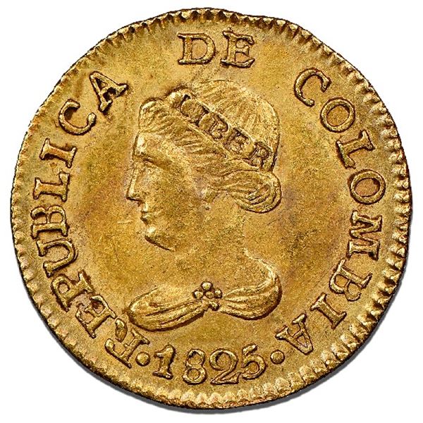 Bogota, Colombia, gold 1 peso, 1825JF, NGC MS 63.