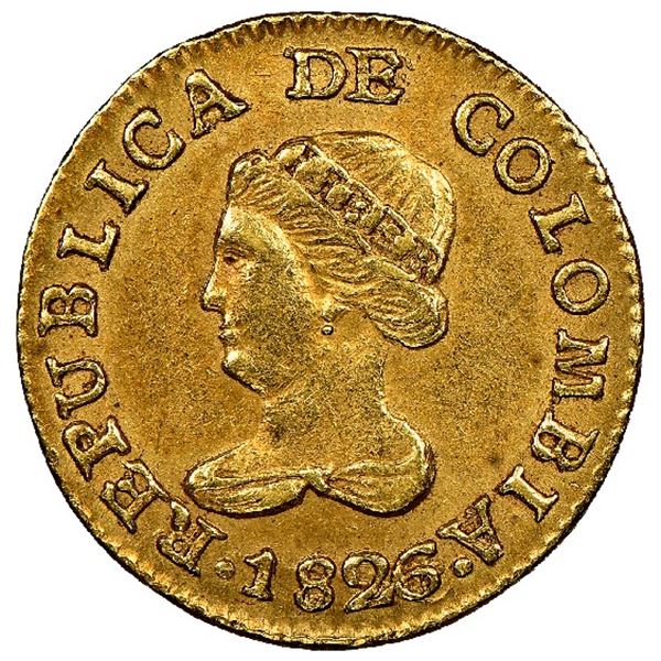 Bogota, Colombia, gold 1 peso, 1826/5JF, NGC AU 58.