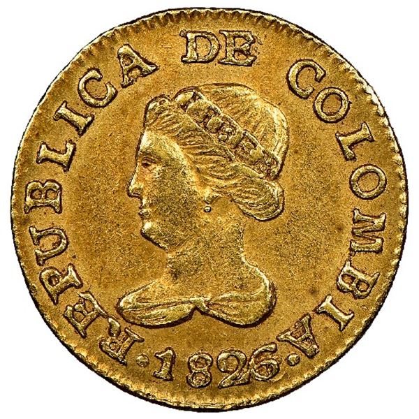 Bogota, Colombia, gold 1 peso, 1826/5JF, NGC AU 58.