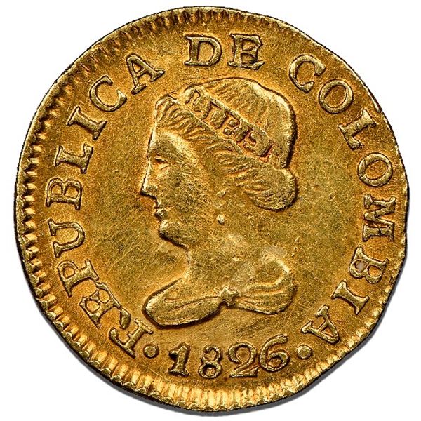 Bogota, Colombia, gold 1 peso, 1826JF, NGC MS 62.