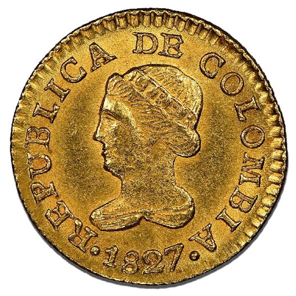 Bogota, Colombia, gold 1 peso, 1827RR, NGC MS 63+, finest known, ex-Eldorado (stated on label).