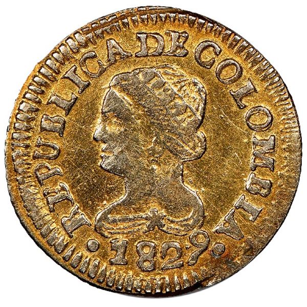 Bogota, Colombia, gold 1 peso, 1829/7JF, very rare, NGC XF details / mount removed, ex-Frank Sedwick