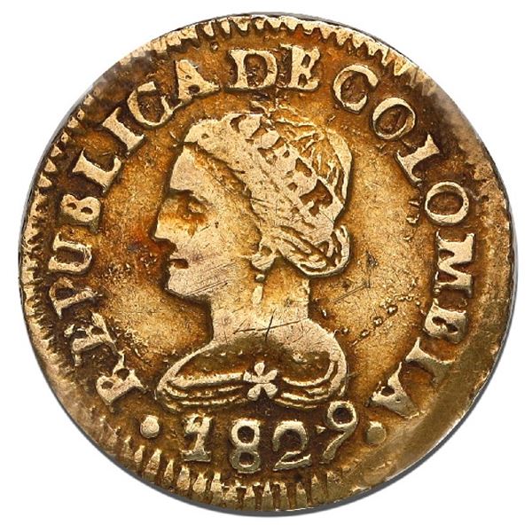 Bogota, Colombia, gold 1 peso, 1829/7JF, very rare, NGC XF details / cleaned.