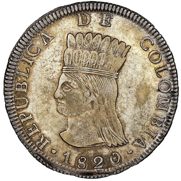 Bogota, Colombia, 8 reales, 1820JF, Republica de Colombia / Nueva Granada mule, rare, NGC AU 53, fin