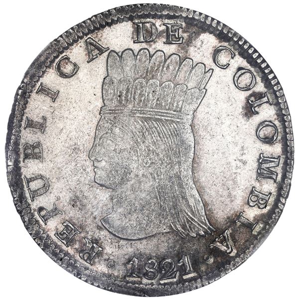 Bogota, Colombia, 8 reales, 1821JF, Cundinamarca, mintmark BA (no dot below A), NGC MS 62, finest kn
