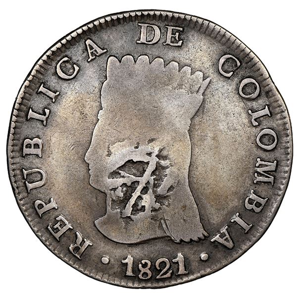 Bogota, Colombia, 8 reales, 1821JF, Cundinamarca, mintmark BA (no dot below A), with pomegranate cou