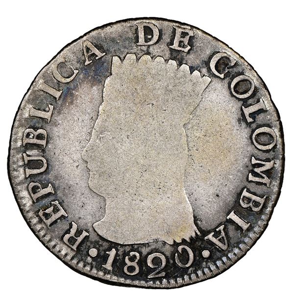 Bogota, Colombia, 2 reales, 1820JF, Cundinamarca, dots in legend, NGC F 12, finest and only example 