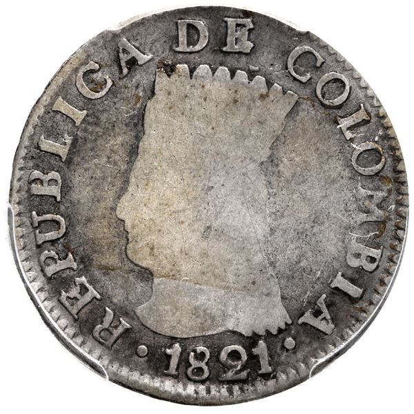 Bogota, Colombia, 2 reales, 1821JF, no BA, dots on reverse, PCGS VG08, finest and only example in PC