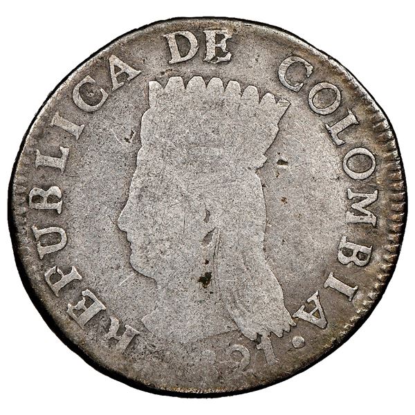 Bogota, Colombia, 2 reales, 1821JF, Cundinamarca, no BA, stars on reverse, NGC F 12.