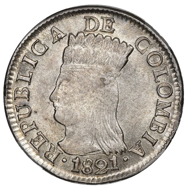 Bogota, Colombia, 2 reales, 1821JF, Cundinamarca, mintmark BA with dots below and in front of the A,