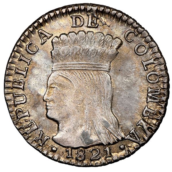 Bogota, Colombia, 1 real, 1821JF, Cundinamarca, mintmark BA with dot below A, NGC MS 63, ex-Whittier