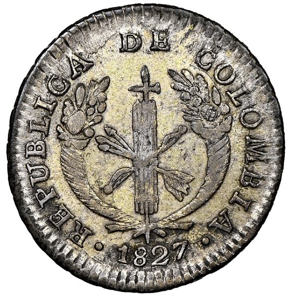 Bogota, Colombia, 1 real, 1827RR, NGC AU 55.