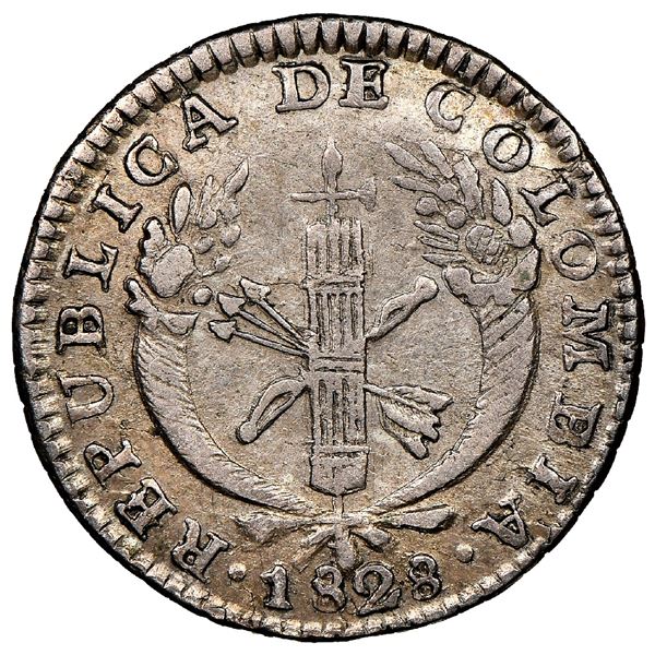 Popayan, Colombia, 1 real, 1828MF, NGC XF 45, finest and only example in NGC census.