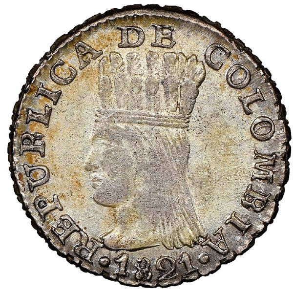 Bogota, Colombia, 1/2 real, 1821JF, Cundinamarca, mintmark BA, rare, NGC MS 61, ex-Norweb, ex-Dana R