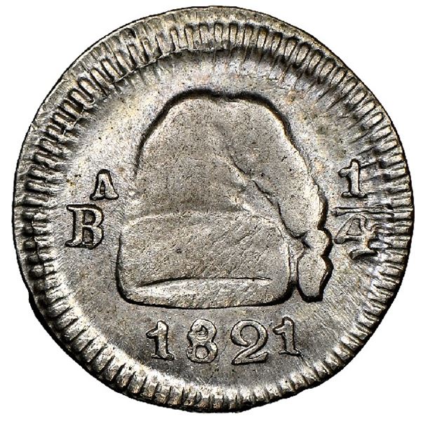 Bogota, Colombia, 1/4 real, 1821, mintmark BA without dot to left, denomination 1/4 to right, NGC AU