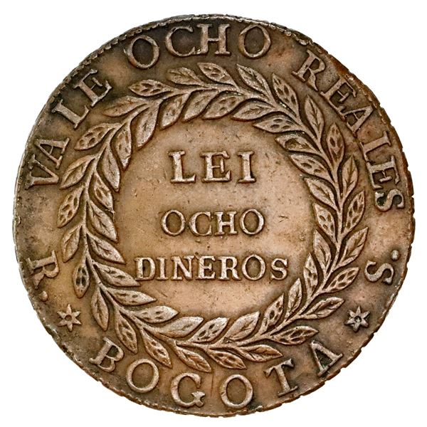 Copper (off-metal) trial strike for Bogota, Colombia, 8 reales, 1840RS, unique, NGC AU 53 BN.