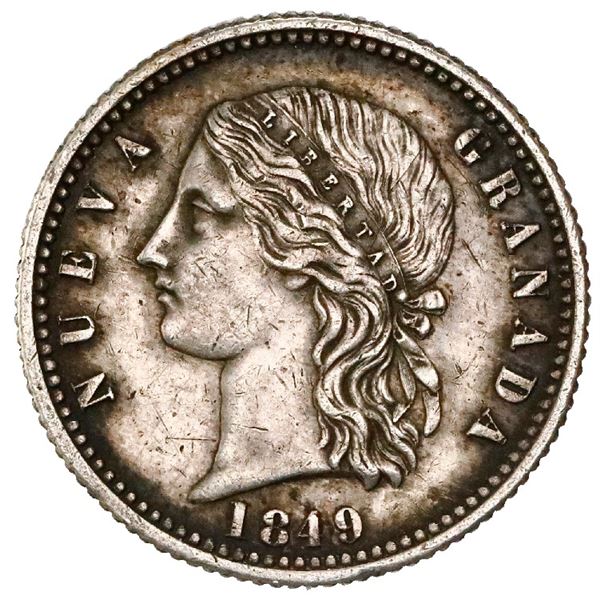 Silver proof pattern for Bogota, Colombia, gold 4 pesos (6.4516 grams), 1849, reeded edge, medal axi