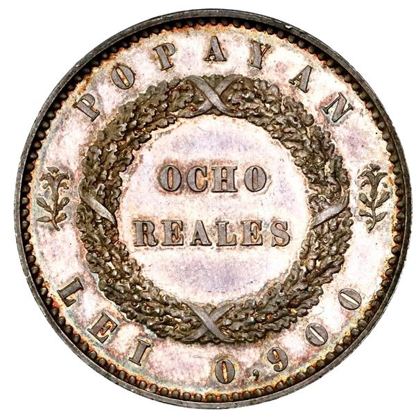 Silver proof pattern for Popayan, Colombia, 8 reales, 1849, plain edge, medal axis, rare, NGC PF 64,