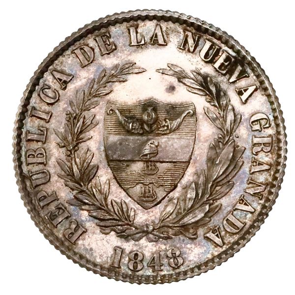 Silver proof pattern for Popayan, Colombia, 2 reales, 1848/7, reeded edge, rare, NGC PF 60.