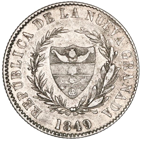 Bogota, Colombia, 2 reales, 1849, new wreath and LEI, very rare, NGC AU 53, Restrepo Plate.