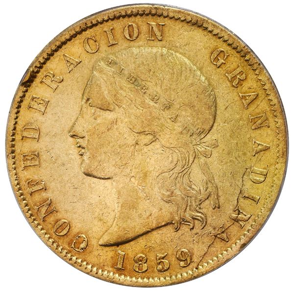 Bogota, Colombia, gold 20 pesos, 1859, very rare, PCGS XF 45.