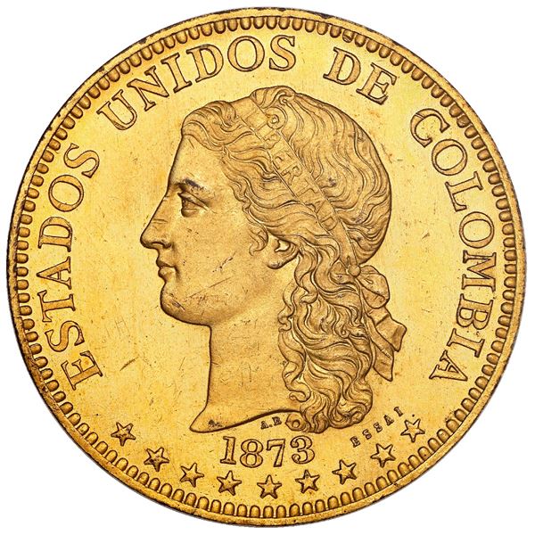 Pair of gilt-bronze uniface proof patterns (obverse and reverse essais) for Medellin, Colombia, gold