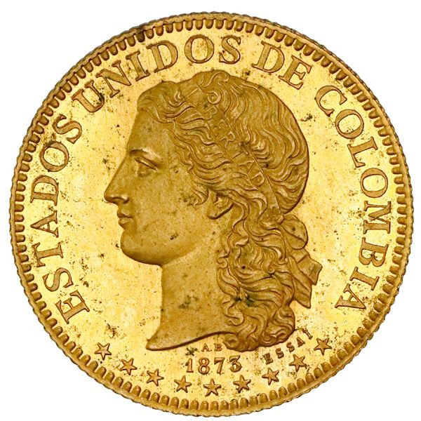 Pair of gilt-bronze uniface proof patterns (obverse and reverse essais) for Medellin, Colombia, gold